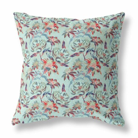 PALACEDESIGNS 16 in. Red & Aqua Roses Indoor & Outdoor Throw Pillow Sea Green PA3099084
